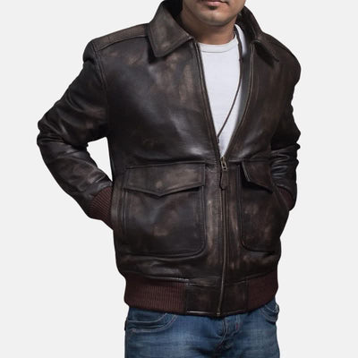 A2 Distressed Aviator Brown Bomber Leather Jacket