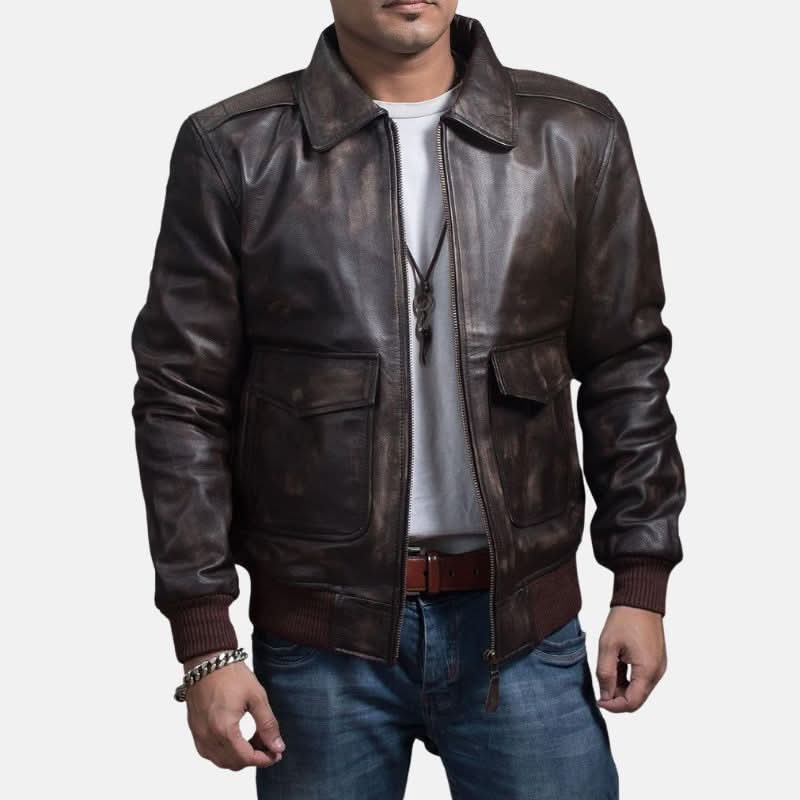 A2 Distressed Aviator Brown Bomber Leather Jacket
