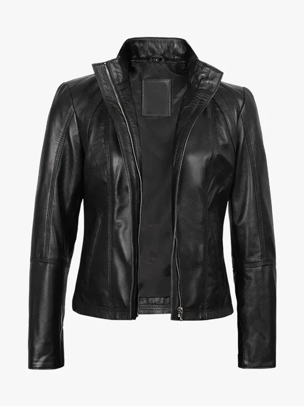 Acerra Women’s Black Genuine Leather Cafe Racer Jacket