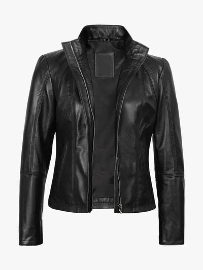 Acerra Women’s Black Genuine Leather Cafe Racer Jacket