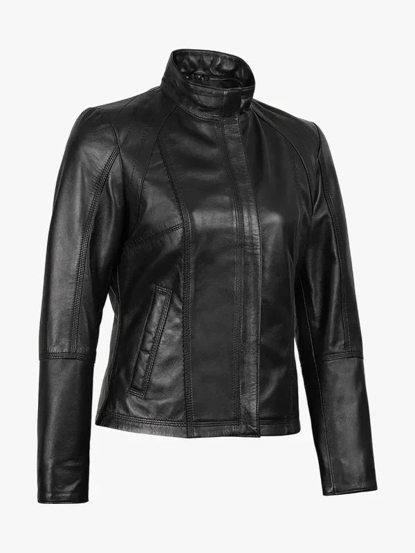 Acerra Women’s Black Genuine Leather Cafe Racer Jacket