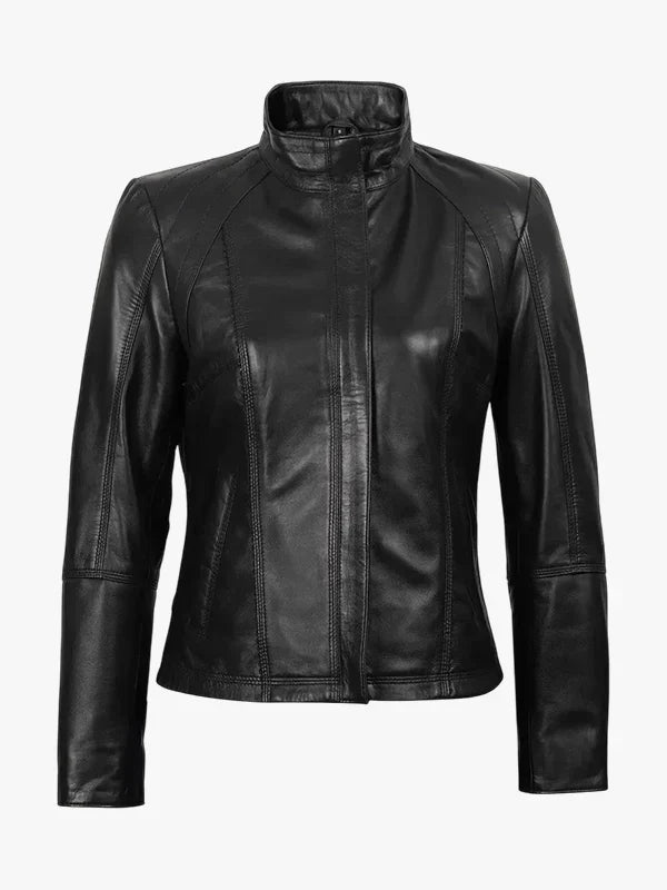 Acerra Women’s Black Genuine Leather Cafe Racer Jacket