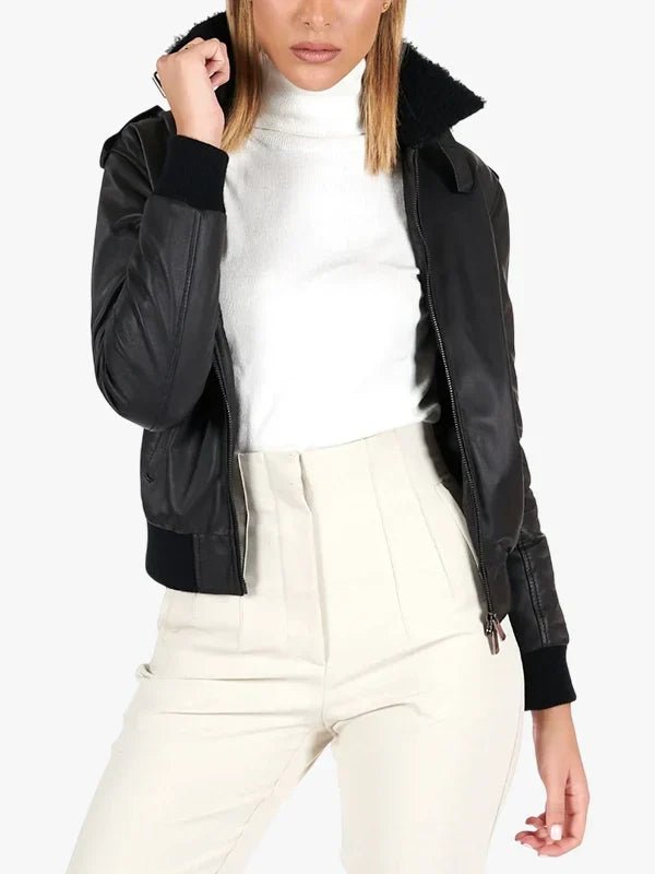 Antea Women’s Black Lambskin Genuine Leather Bomber Jacket