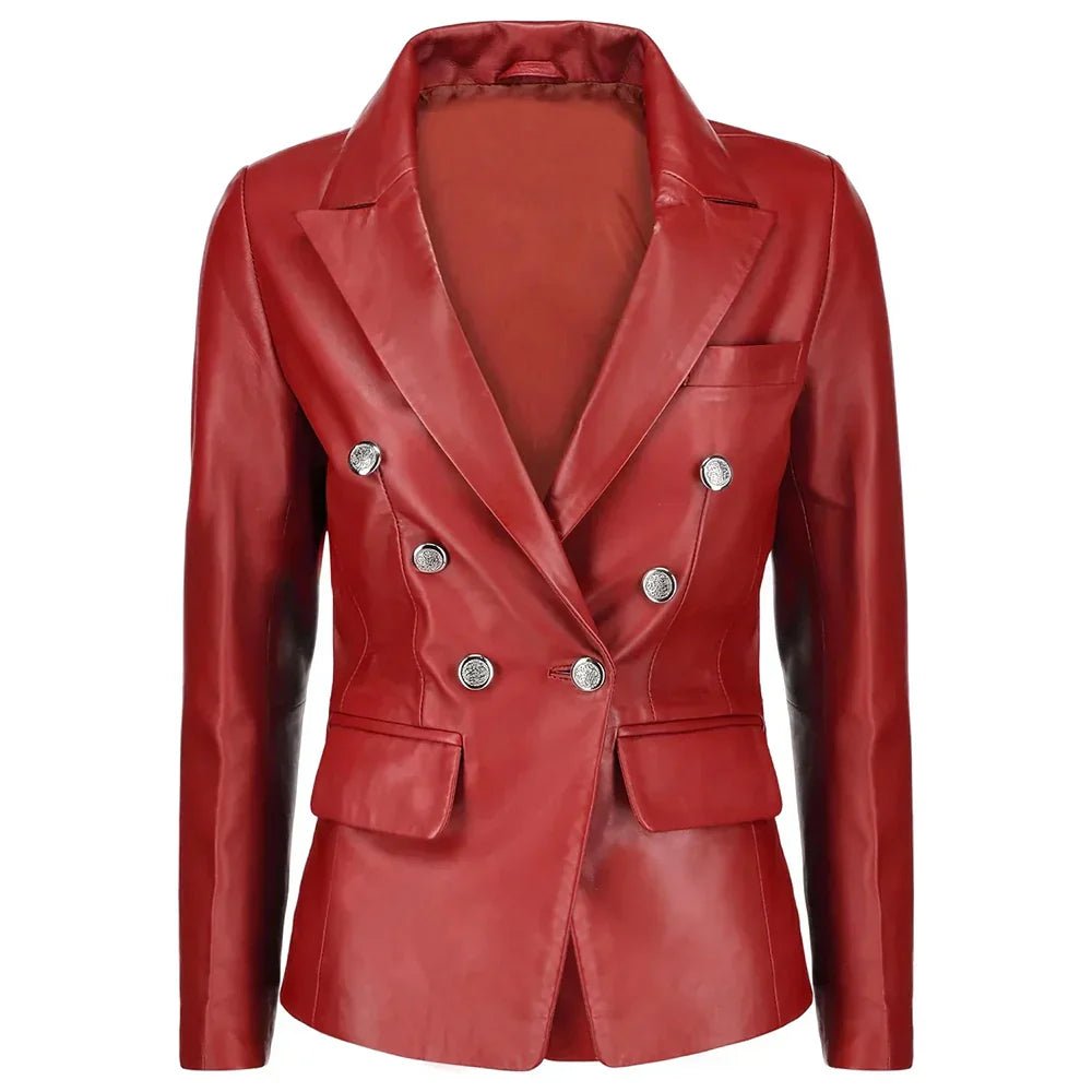 Double Breasted Red Leather Blazer Ladies Choice