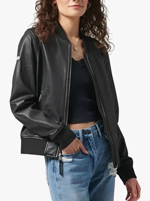 Elegant Women’s Vanilla Black Genuine Leather Bomber Jacket