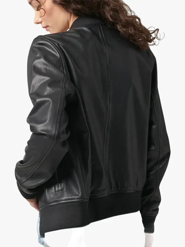 Elegant Women’s Vanilla Black Genuine Leather Bomber Jacket