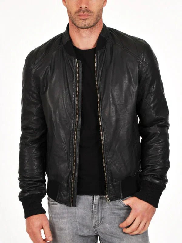 Genuine Sheepskin Quilted Bomber Jacket for Men in Style
