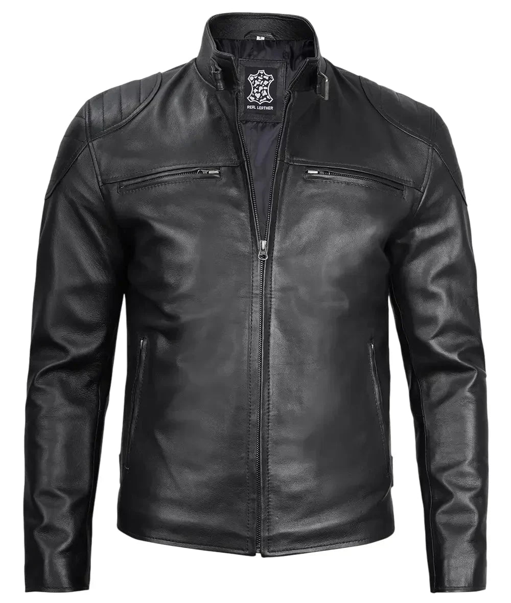 Mens Black Lambskin Leather Cafe Racer Jacket