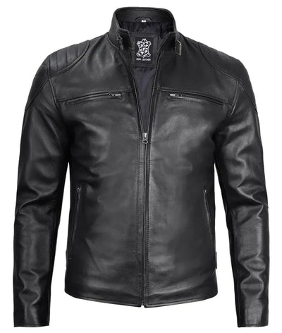 Mens Black Lambskin Leather Cafe Racer Jacket