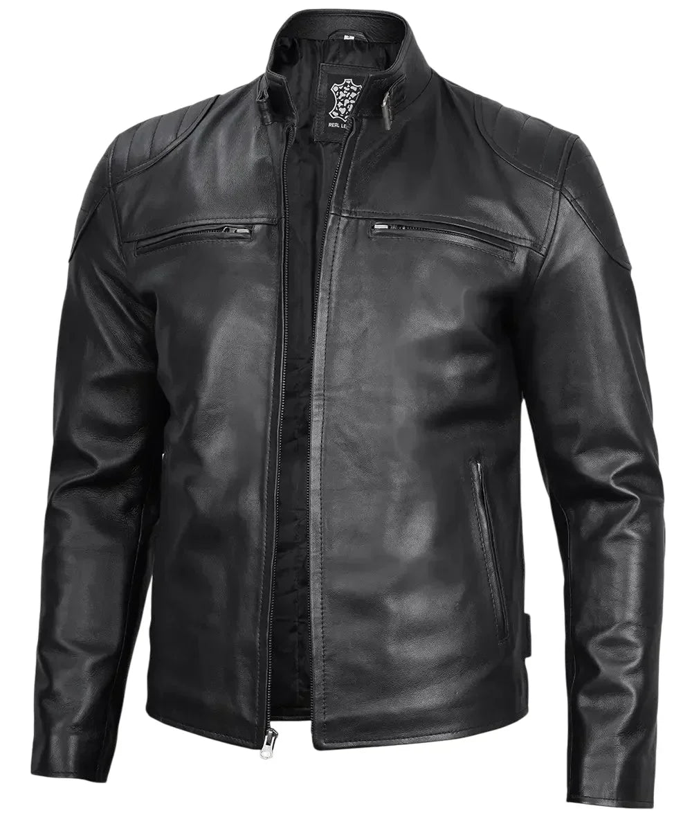 Mens Black Lambskin Leather Cafe Racer Jacket