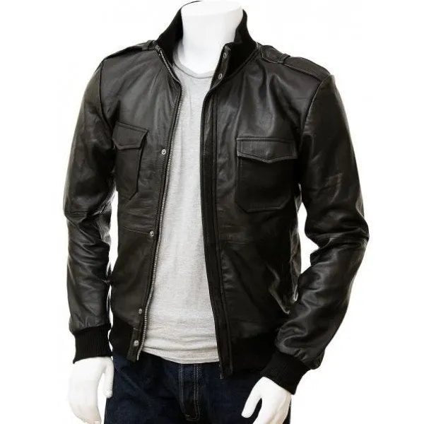 Men’s Black Leather Bomber Jacket