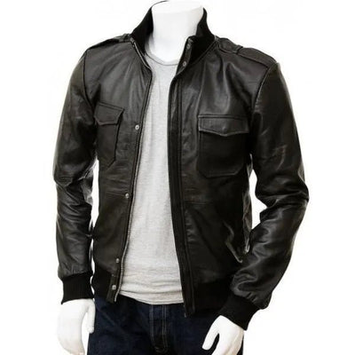 Men’s Black Leather Bomber Jacket