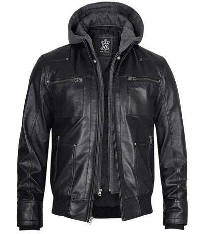 Mens Black Leather Bomber Jacket with Removable Hood
