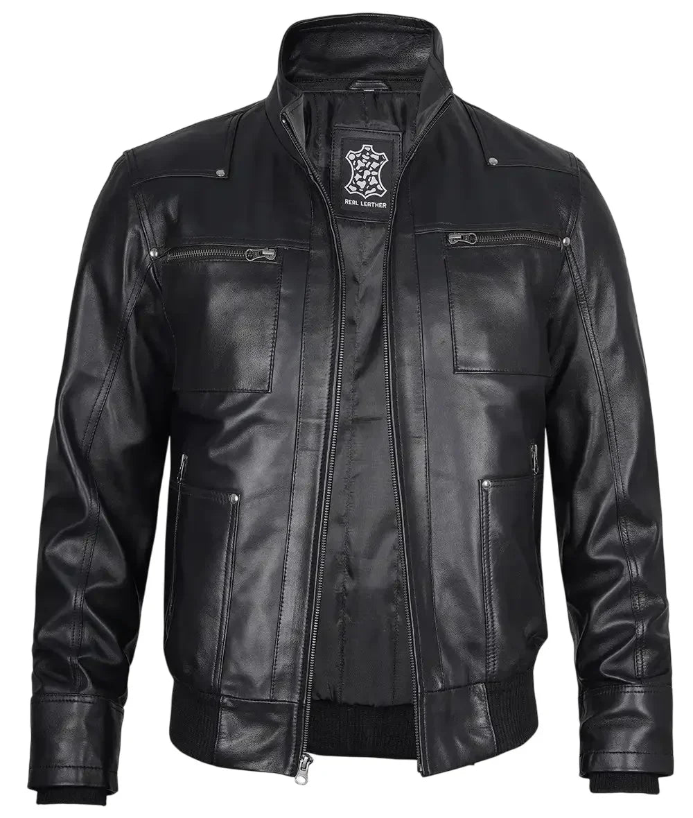 Mens Black Leather Bomber Jacket with Removable Hood