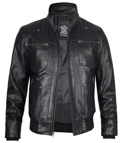 Mens Black Leather Bomber Jacket with Removable Hood