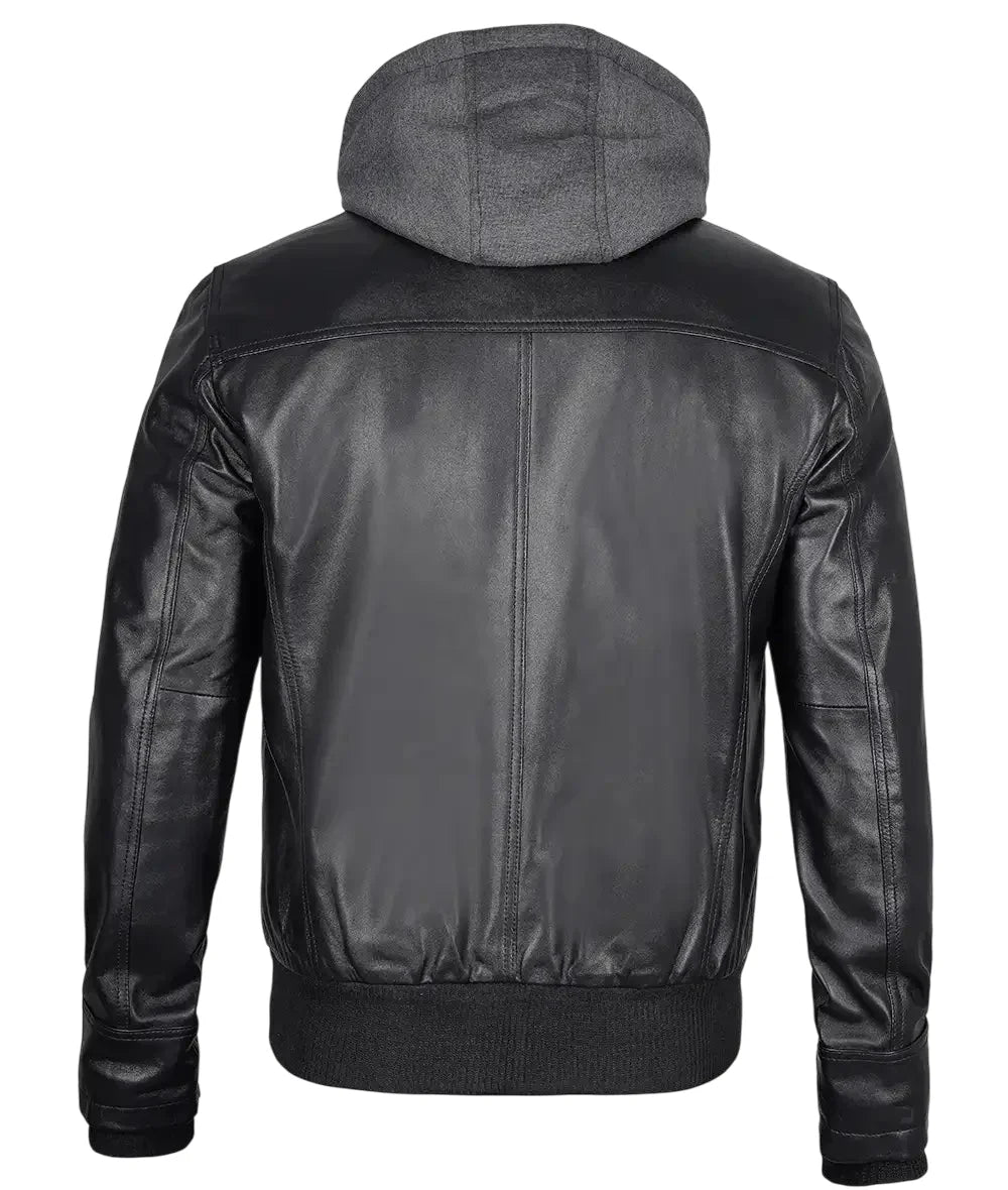 Mens Black Leather Bomber Jacket with Removable Hood