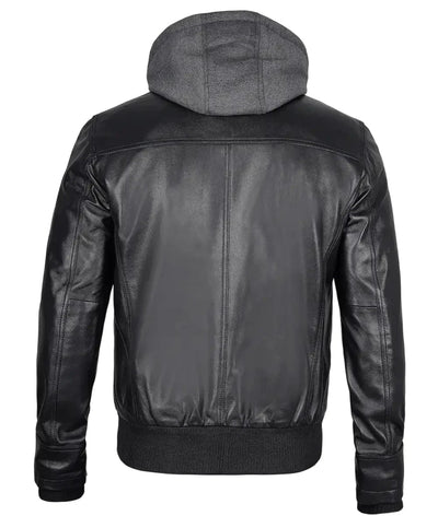 Mens Black Leather Bomber Jacket with Removable Hood