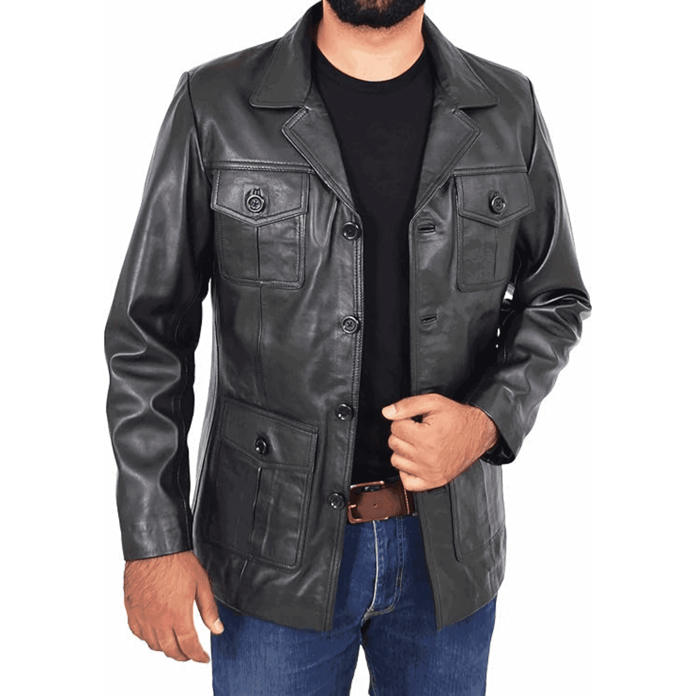 Mens Leather Classic Retro 70's Blazer Hunters Safari Jacket Black - Styriz Jackets 