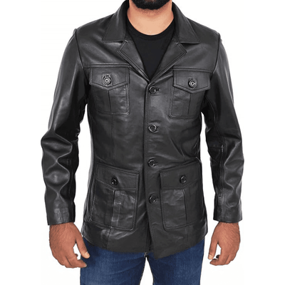 Mens Leather Classic Retro 70's Blazer Hunters Safari Jacket Black - Styriz Jackets 