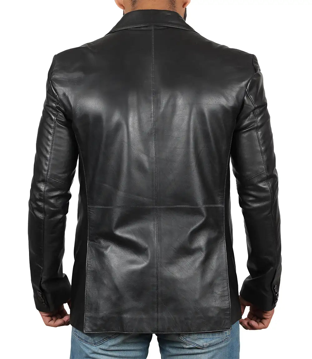 Men’s Notch Lapel Two Button Black Leather Blazer Jacket - Styriz Jackets 