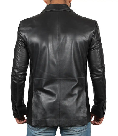 Men’s Notch Lapel Two Button Black Leather Blazer Jacket - Styriz Jackets 
