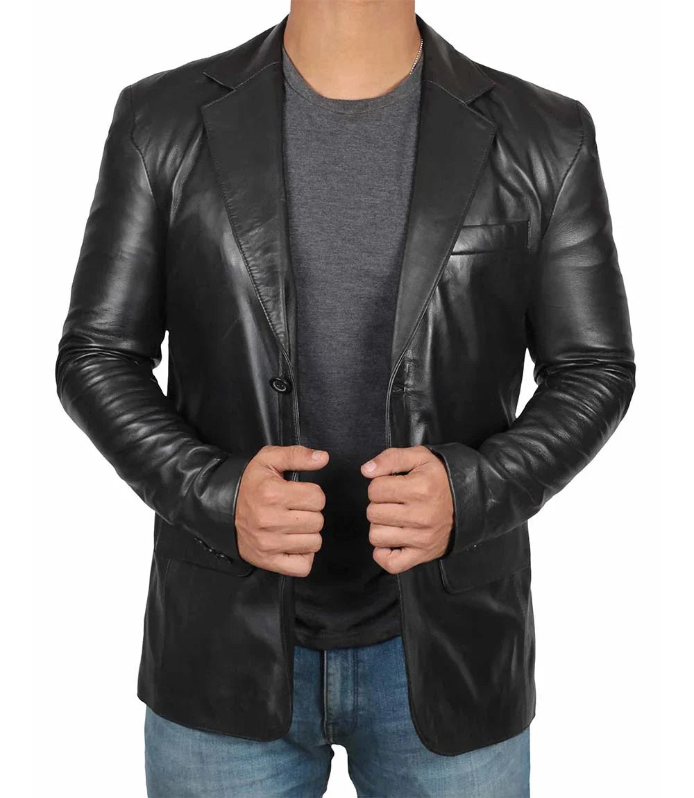 Men’s Notch Lapel Two Button Black Leather Blazer Jacket - Styriz Jackets 