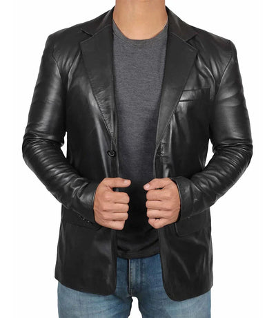 Men’s Notch Lapel Two Button Black Leather Blazer Jacket - Styriz Jackets 