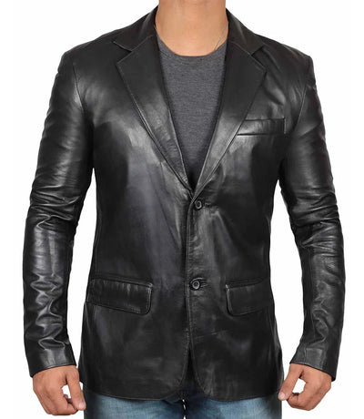 Men’s Notch Lapel Two Button Black Leather Blazer Jacket - Styriz Jackets 