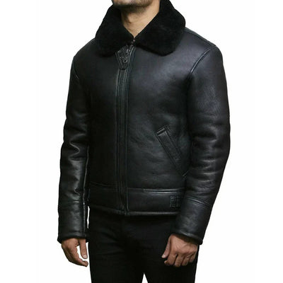 Men’s Sheepskin Fur Shearling Black Leather Jacket