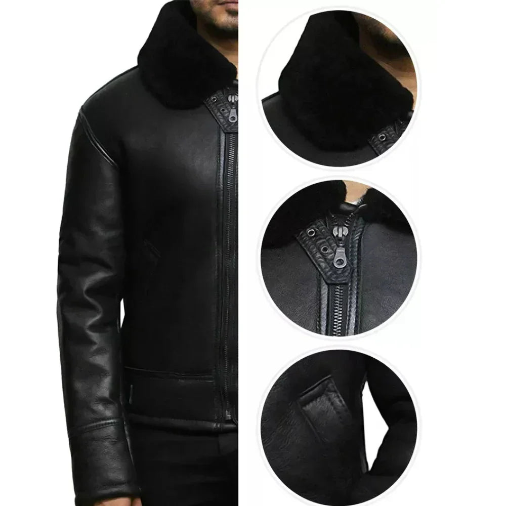 Men’s Sheepskin Fur Shearling Black Leather Jacket