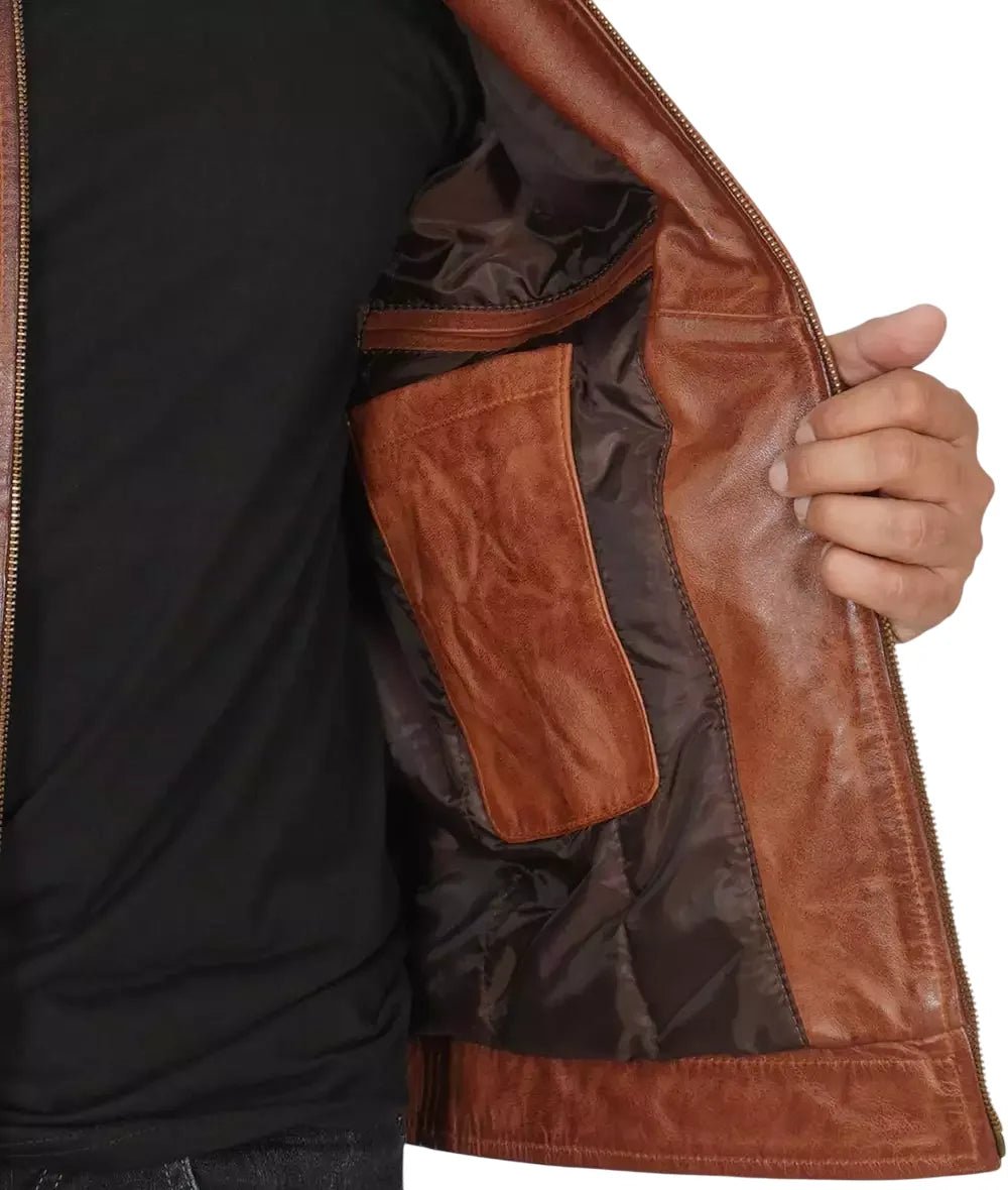 Reeves Mens Brown Leather Jacket with Shirt Collar