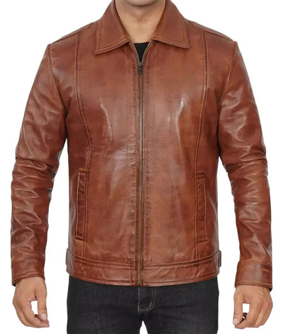 Reeves Mens Brown Leather Jacket with Shirt Collar