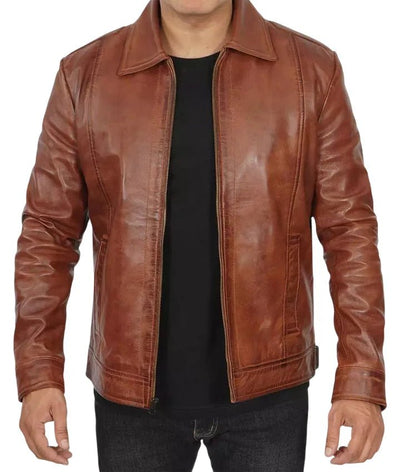 Reeves Mens Brown Leather Jacket with Shirt Collar