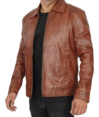 Reeves Mens Brown Leather Jacket with Shirt Collar