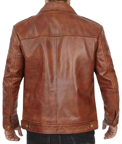 Reeves Mens Brown Leather Jacket with Shirt Collar