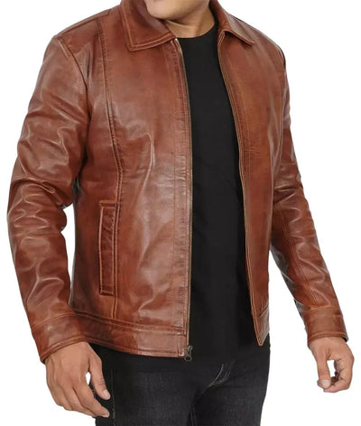 Reeves Mens Brown Leather Jacket with Shirt Collar