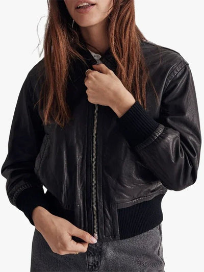 Stylish Women’s Valiant Black Leather Bomber Jacket