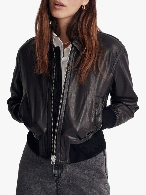 Stylish Women’s Valiant Black Leather Bomber Jacket