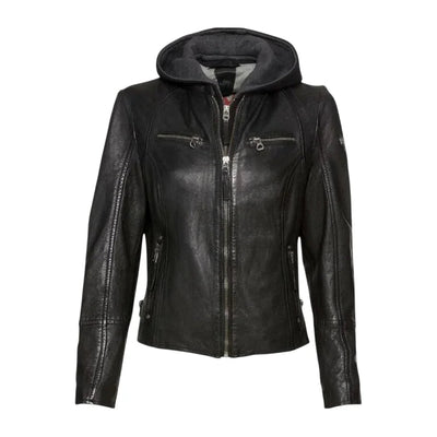 Womens Black Cafe Racer Jacket With Removable Hood