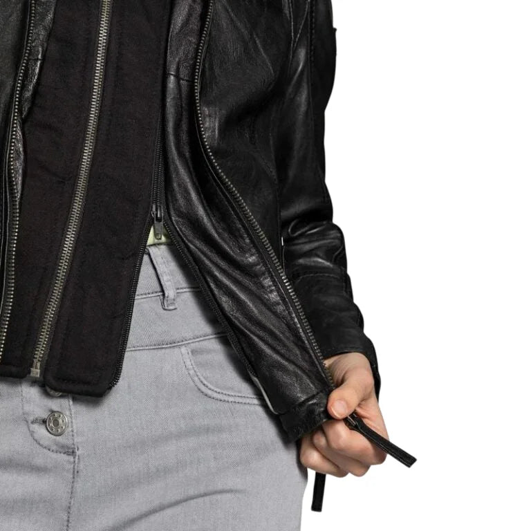 Womens Black Cafe Racer Jacket With Removable Hood