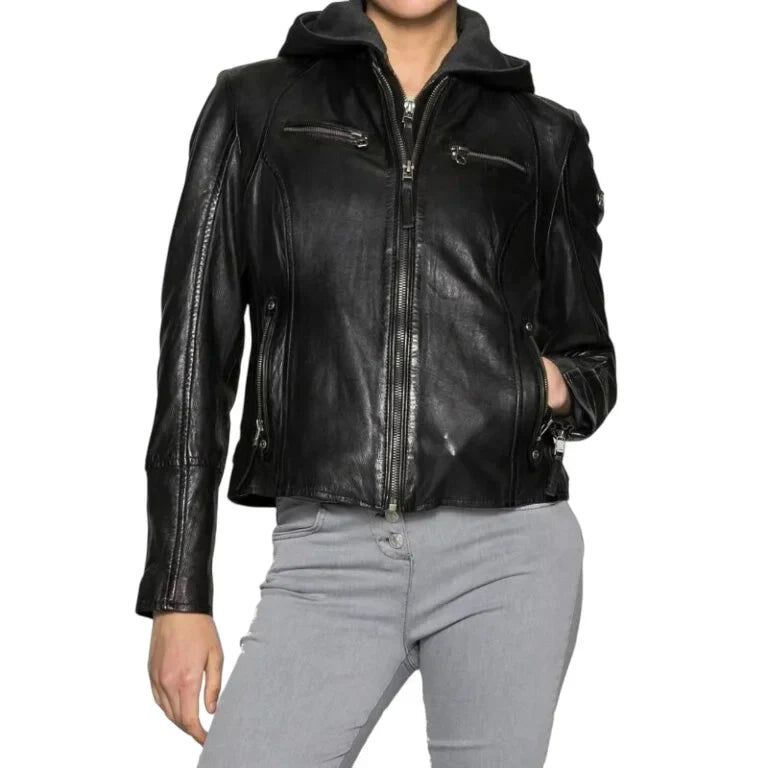 Womens Black Cafe Racer Jacket With Removable Hood