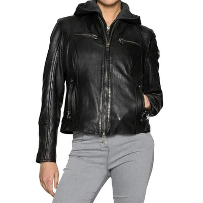 Womens Black Cafe Racer Jacket With Removable Hood
