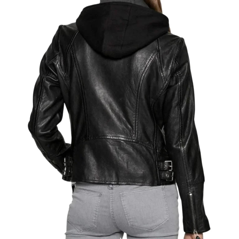 Womens Black Cafe Racer Jacket With Removable Hood