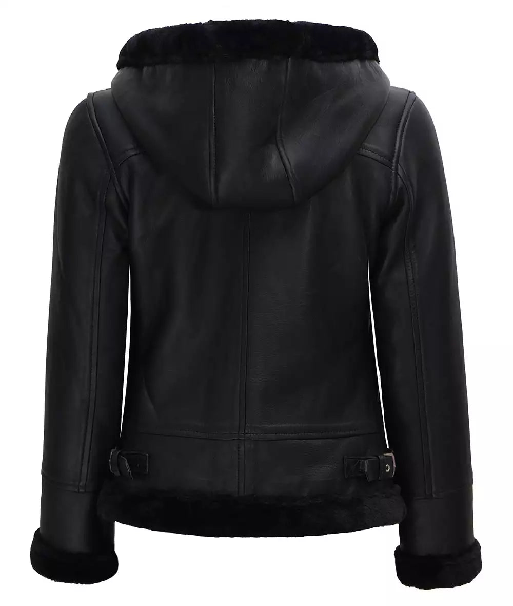 Womens Black Hooded Real Shearling Leather Jacket