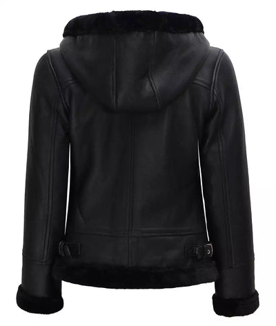 Womens Black Hooded Real Shearling Leather Jacket