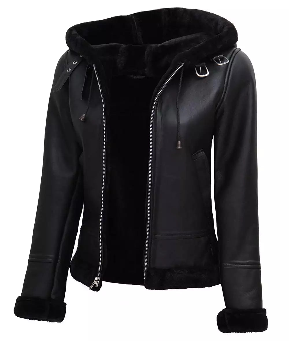 Womens Black Hooded Real Shearling Leather Jacket