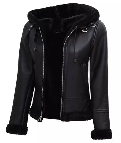 Womens Black Hooded Real Shearling Leather Jacket