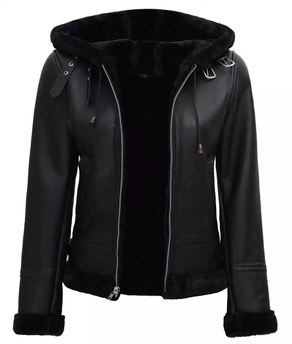 Womens Black Hooded Real Shearling Leather Jacket