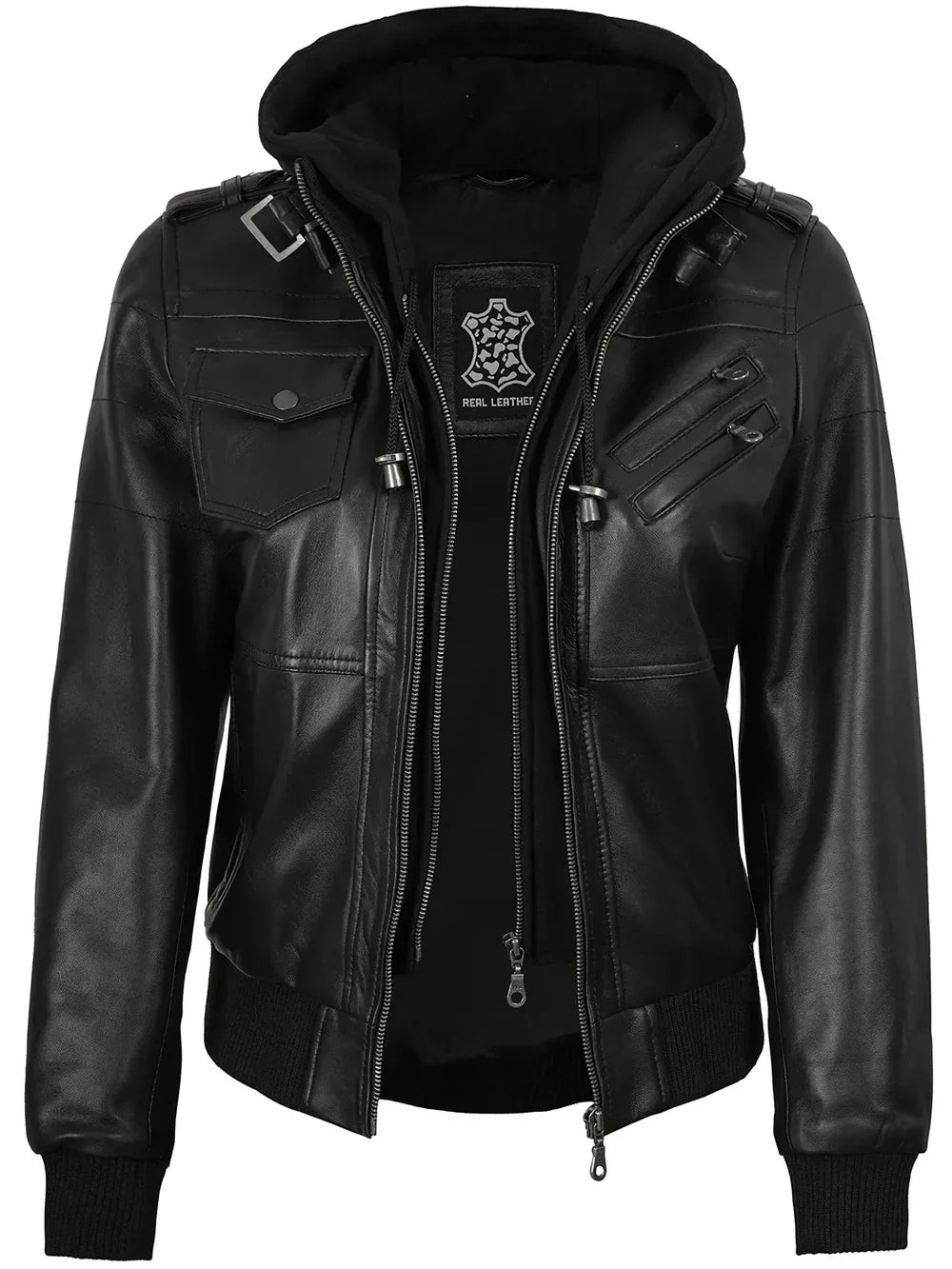 Black leather jacket with a hood