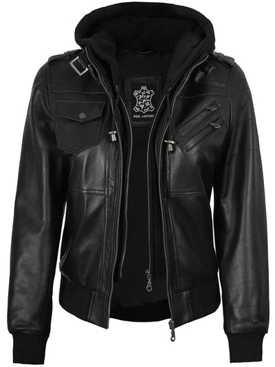 Black leather jacket with a hood